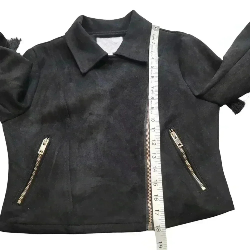 Vera & Lucy Tassel Faux Suede Black Moto Wing Collar Jacket Coat  Size M - Picture 11 of 13